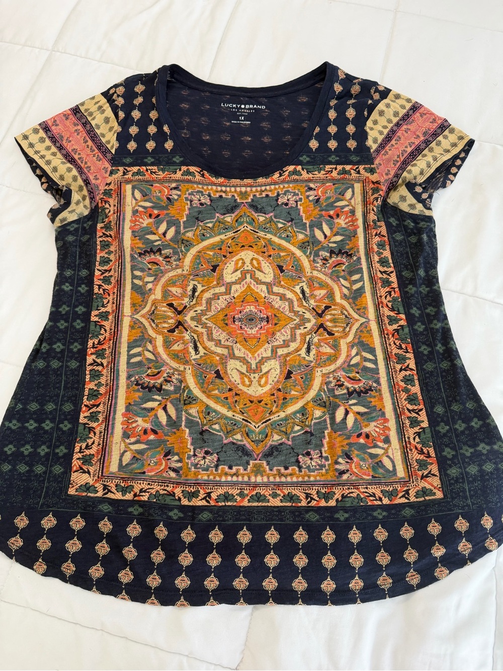 Lucky Brand Navy Tee with Multicolor Medallion Print